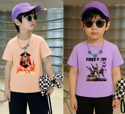 Lecowar Boys Graphic Print Polyester Regular T Shirt(Pink, Purple, Pack of 2)