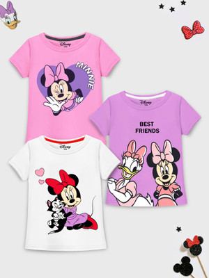DISNEY BY MISS & CHIEF Girls Cartoon Cotton Blend Regular T Shirt(Multicolor, Pack of 3)