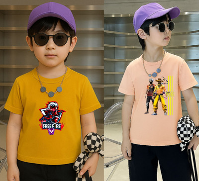 Lecowar Boys Graphic Print Polyester Regular T Shirt(Yellow, Pink, Pack of 1)