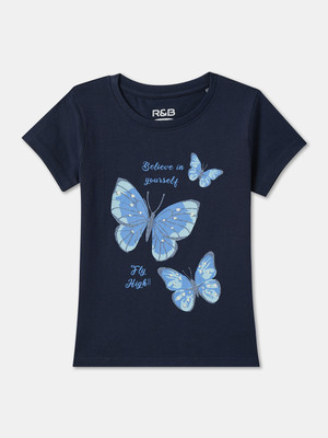 R&B Girls Solid Pure Cotton Regular T Shirt(Blue, Pack of 1)