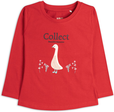 Ariel Girls Printed Pure Cotton Regular T Shirt(Red, Pack of 1)