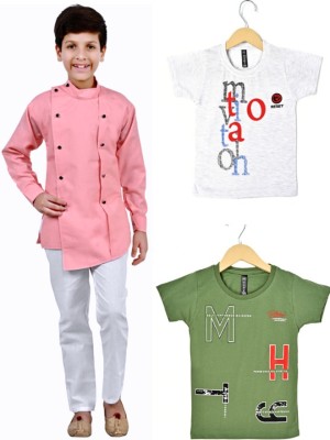 Prabhuratan Boys Typography, Printed Pure Cotton T Shirt(Pink, Pack of 3)