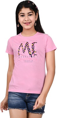 Telesto Girls Printed Cotton Blend T Shirt(Pink, Pack of 1)