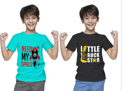 K M R Boys Typography Cotton Blend Regular T Shirt(Black, Pack of 2)