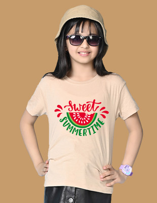 Nusyl Girls Graphic Print Cotton Blend Oversized T Shirt(Beige, Pack of 1)