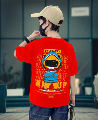 BuckleMen Boys Typography Pure Cotton Oversized T Shirt(Red, Pack of 1)