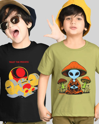 AOOSH Boys Printed, Graphic Print Cotton Blend Regular T Shirt(Green, Black, Pack of 2)