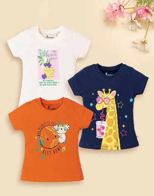 ELEMENOPEE Baby Girls Animal Print Pure Cotton Regular T Shirt(Multicolor, Pack of 3)