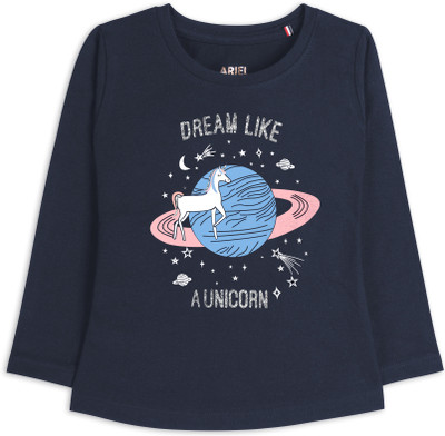 Ariel Girls Printed Pure Cotton Regular T Shirt(Dark Blue, Pack of 1)