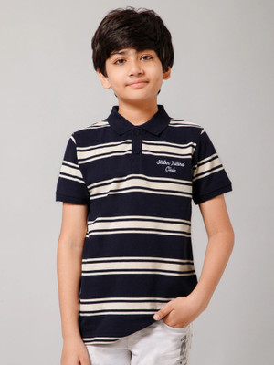 Alan Jones Boys Striped Cotton Blend Regular T Shirt(Blue, Pack of 1)