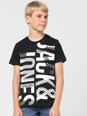 Jack & Jones Junior Boys Typography Cotton Blend Regular T Shirt(Black, Pack of 1)