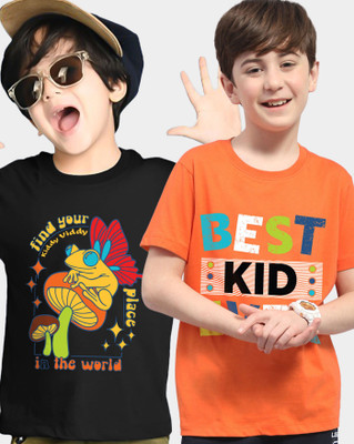 AUSK Boys Printed Cotton Blend Regular T Shirt(Orange, Black, Pack of 2)