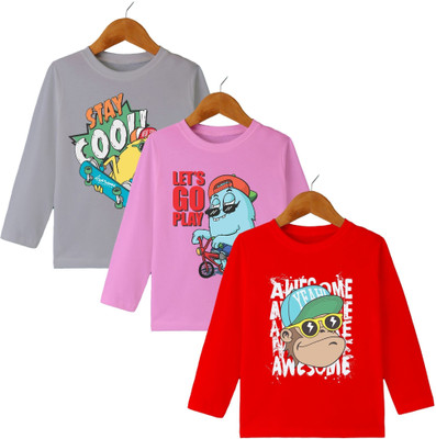 MYO Boys & Girls Printed Cotton Blend Regular T Shirt(Multicolor, Pack of 3)