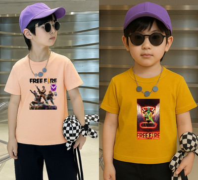 Lecowar Boys Printed Polyester Regular T Shirt(Pink, Yellow, Pack of 1)