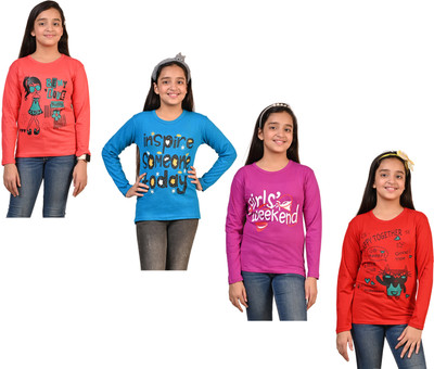 IndiWeaves Girls Printed Pure Cotton Regular T Shirt(Multicolor, Pack of 4)