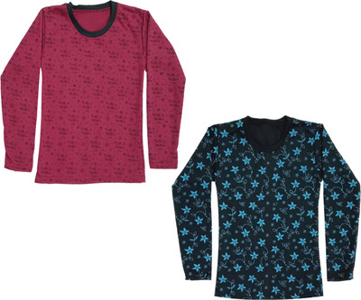 Indistar Girls Printed Wool Blend Regular T Shirt(Multicolor, Pack of 1)