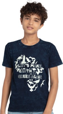 Under Fourteen Only Boys Typography, Printed Pure Cotton Regular T Shirt(Dark Blue, Pack of 1)