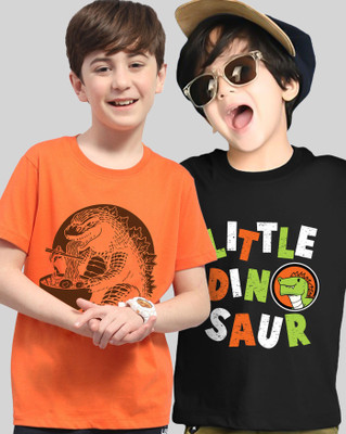 AUSK Boys Printed Cotton Blend Regular T Shirt(Orange, Black, Pack of 2)