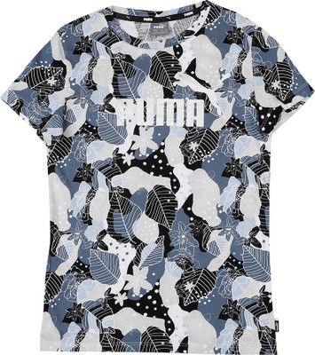 PUMA Girls Printed Cotton Blend Regular T Shirt(Black, Pack of 1)