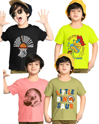Kiddy Viddy Boys Printed Cotton Blend Regular T Shirt(Green, Pink, Pack of 4)