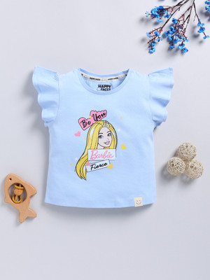 Happy Faces Girls Printed Pure Cotton Regular T Shirt(Light Blue, Pack of 1)