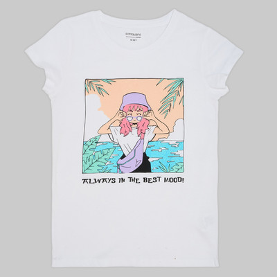 Pantaloons Junior Girls Printed Cotton Blend Regular T Shirt(Pink, Pack of 1)