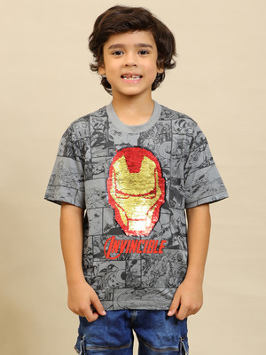 kidsville Boys Printed Pure Cotton Regular T Shirt(Grey, Pack of 1)