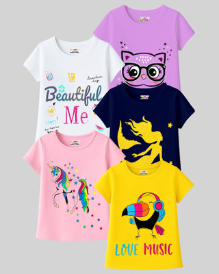 Kuchipoo Girls Printed Cotton Blend Regular T Shirt(Multicolor, Pack of 5)