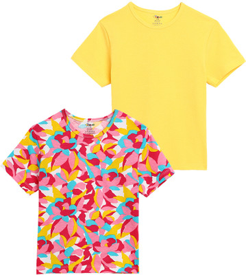 TOTCO Boys & Girls Solid, Printed Pure Cotton Regular T Shirt(Multicolor, Pack of 2)