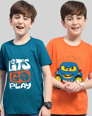 AOOSH Boys Graphic Print Cotton Blend Regular T Shirt(Dark Blue, Orange, Pack of 2)