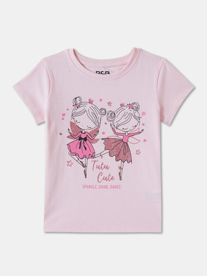 R&B Girls Graphic Print Pure Cotton Regular T Shirt(Pink, Pack of 1)