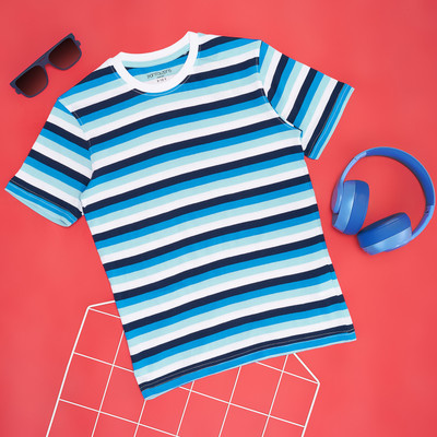 Pantaloons Junior Boys Striped Polyester Regular T Shirt(Blue, Pack of 1)