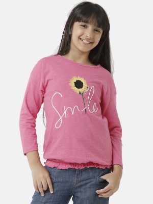 Under Fourteen Only Girls Printed, Self Design Pure Cotton Regular T Shirt(Pink, Pack of 1)