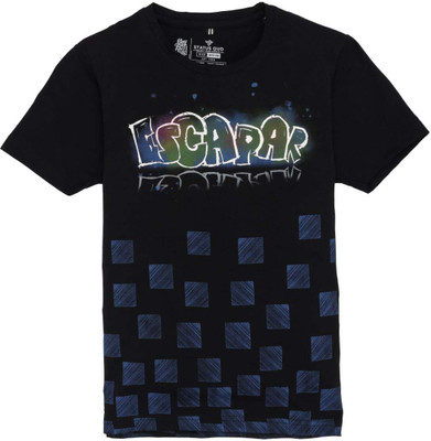 Status Quo Boys Printed Elastane, Cotton Blend Regular T Shirt(Black, Pack of 1)