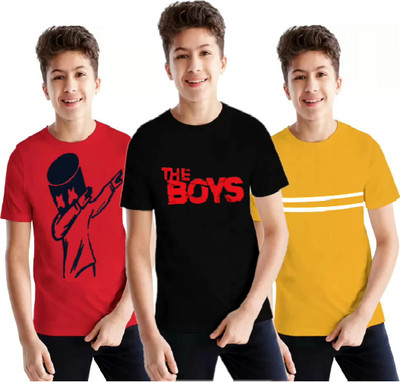 M Queen Boys Printed Cotton Blend Regular T Shirt(Multicolor, Pack of 3)