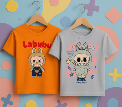 Kidloo Boys Printed Pure Cotton Regular T Shirt(Orange, Grey, Pack of 2)