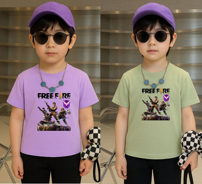 Lecowar Boys Printed Polyester Regular T Shirt(Purple, Green, Pack of 1)