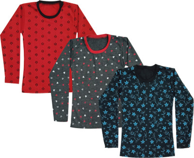 KAVYA Girls Printed Wool Blend Regular T Shirt(Multicolor, Pack of 3)