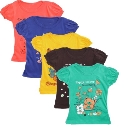 PINVE Baby Girls Solid Cotton Blend T Shirt(Multicolor, Pack of 5)