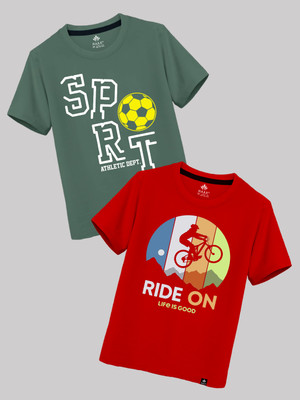Raax Boys Typography Pure Cotton Regular T Shirt(Multicolor, Pack of 2)