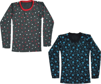 KAVYA Girls Printed Wool Blend Regular T Shirt(Multicolor, Pack of 2)