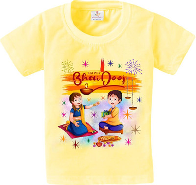 Babywish Boys Printed Pure Cotton Regular T Shirt(Yellow, Pack of 1)