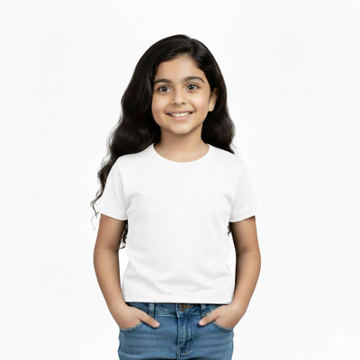 DEHCY Girls Solid Pure Cotton Regular T Shirt(White, Pack of 1)