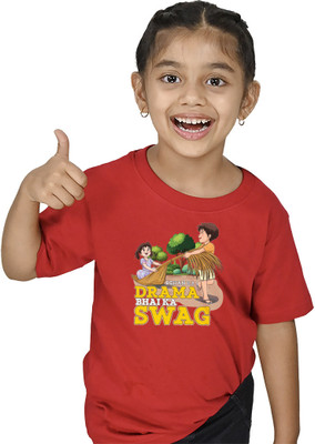 Tedhi Medhi Family Boys & Girls Printed Pure Cotton Regular T Shirt(Red, Pack of 1)