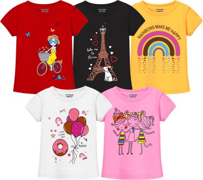 Billion Girls Printed Cotton Blend Regular T Shirt(Multicolor, Pack of 5)