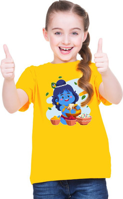 Mahi Fab Trend Girls Printed Polyester Oversized T Shirt(Yellow, Pack of 1)