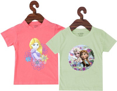 Disney By Icable Baby Girls Printed Cotton Blend Regular T Shirt(Multicolor, Pack of 2)