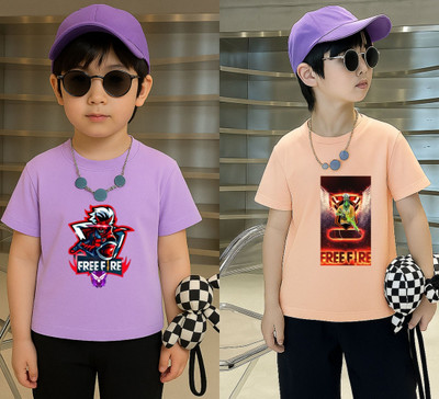 Lecowar Boys Printed Polyester Regular T Shirt(Purple, Pink, Pack of 1)