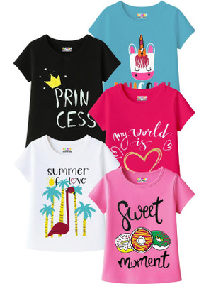Kuchipoo Girls Printed Cotton Blend Regular T Shirt(Multicolor, Pack of 5)