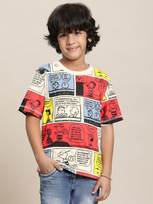 kidsville Boys Printed Pure Cotton Regular T Shirt(Beige, Pack of 1)